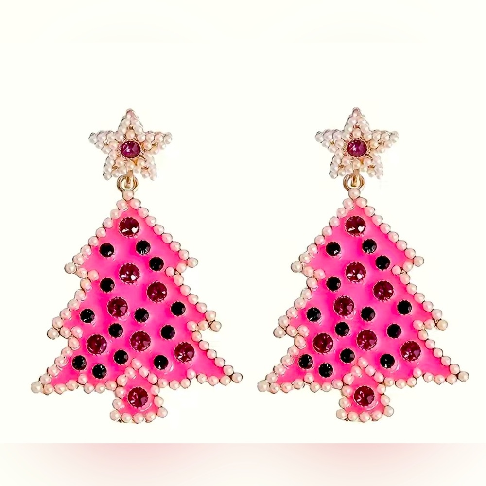 Hot Pink Rhinestoned and Pearl Inlaid Christmas Tree Earrings